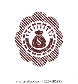 Red money bag icon inside distress grunge stamp