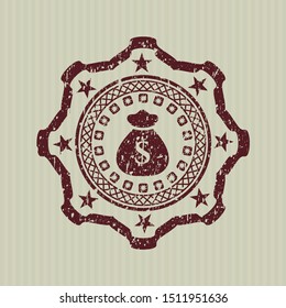 Red money bag icon inside grunge seal