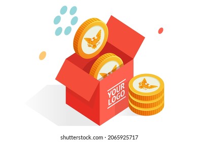 Red money box with falling and lying coins. You can use one side of the box for your logo. Business, cash back, and bonuses concept. Modern flat isometric vector illustration.