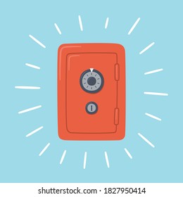 Red money closed safe. Steel cabinet with combination lock. Shine strongbox. Symbol of wealth, stability and security. Hand drawn vector illustration