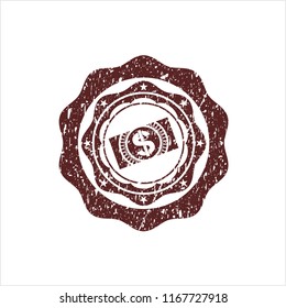 Red money, dollar bill icon inside distressed rubber grunge texture stamp