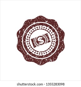 Red money, dollar bill icon inside distress rubber seal