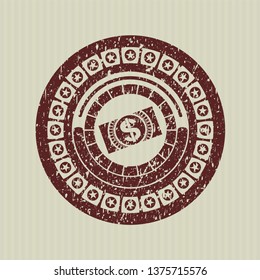 Red money, dollar bill icon inside distressed rubber grunge texture seal