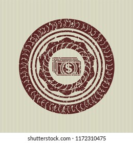 Red money icon inside distress rubber stamp with grunge texture
