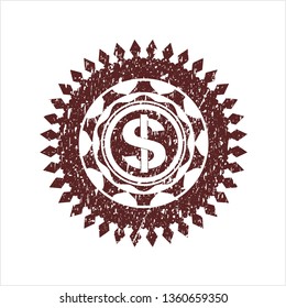 Red money icon inside distress grunge style stamp