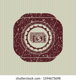 Red money icon inside distressed rubber stamp