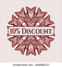 Red money style emblem or rosette with text 10% Discount inside