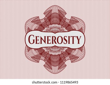 Red money style emblem or rosette with text Generosity inside