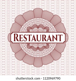 Red money style emblem or rosette with text Restaurant inside