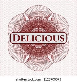 Red money style emblem or rosette with text Delicious inside