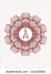 Red money style emblem or rosette with drawing compass icon inside