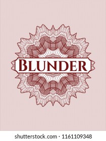Red money style emblem or rosette with text Blunder inside