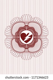 Red money style emblem or rosette with broken heart icon inside