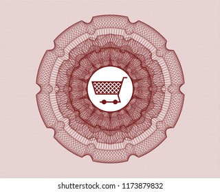 Red money style emblem or rosette with shopping cart icon inside