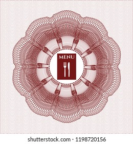 Red money style emblem or rosette with restaurant menu icon inside