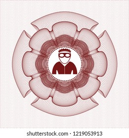 Red money style emblem or rosette with thief icon inside