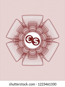Red money style emblem or rosette with currency exchange icon inside