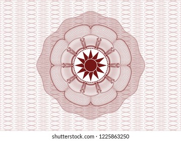 Red money style emblem or rosette with sun icon inside