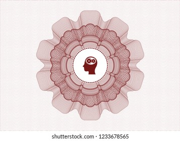 Red money style emblem or rosette with head with gears inside icon inside
