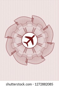 Red money style emblem or rosette with plane icon inside