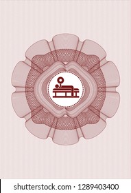 Red money style emblem or rosette with bench press icon inside