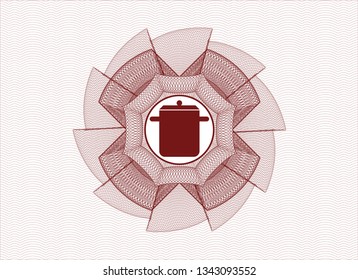 Red money style emblem or rosette with cooking pot icon inside