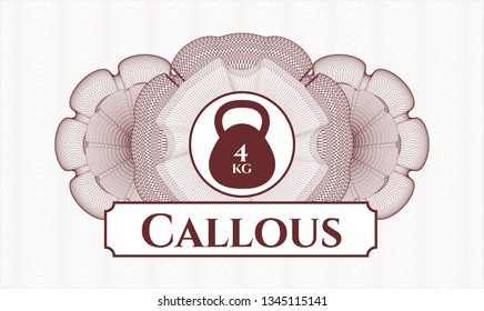 Red money style emblem or rosette with 4kg kettlebell icon and Callous text inside