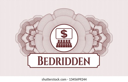 Red money style emblem or rosette with business congress icon and Bedridden text inside
