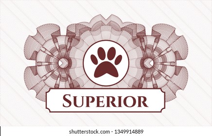 Red money style emblem or rosette with paw icon and Superior text inside