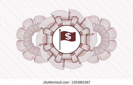 Red money style emblem or rosette with flag with money symbol inside icon inside