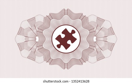 Red money style emblem or rosette with jigsaw puzzle piece icon inside