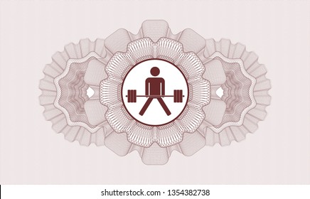 Red money style emblem or rosette with sumo deadlift icon inside
