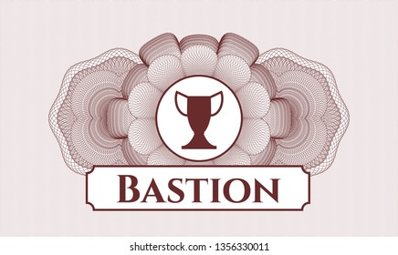 Red money style emblem or rosette with trophy icon and Bastion text inside