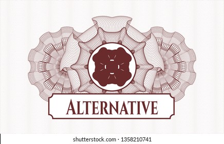 Red money style emblem or rosette with four leaf clover icon and Alternative text inside