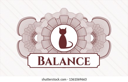 Red money style emblem or rosette with cat icon and Balance text inside