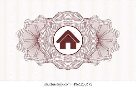 Red money style emblem or rosette with home icon inside