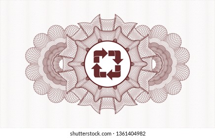 Red money style emblem or rosette with recycle icon inside
