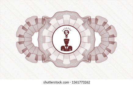Red money style emblem or rosette with business idea icon inside