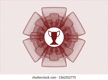 Red money style emblem or rosette with trophy icon inside