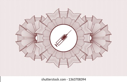 Red money style emblem or rosette with syringe icon inside