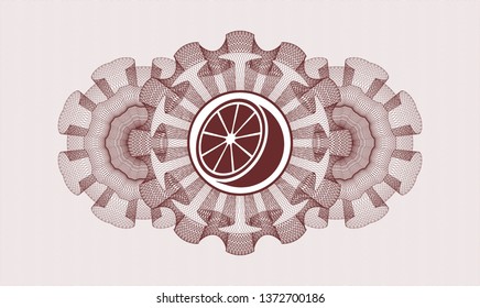 Red money style emblem or rosette with orange icon inside