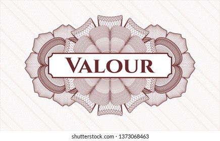 Red money style emblem or rosette with text Valour inside
