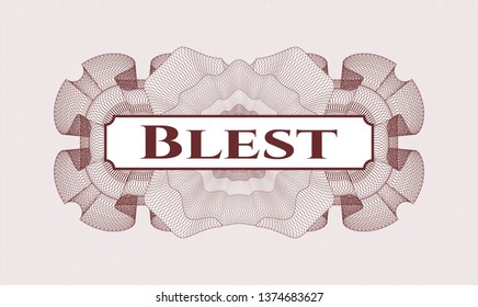 Red money style emblem or rosette with text Blest inside