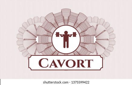 Red money style emblem or rosette with squat icon and Cavort text inside