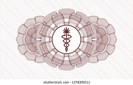 Red money style emblem or rosette with medical marijuana icon inside