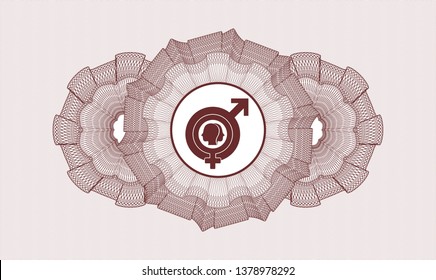 Red money style emblem or rosette with gender dysphoria icon inside
