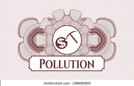 Red money style emblem or rosette with cryptocurrency mining icon and Pollution text inside