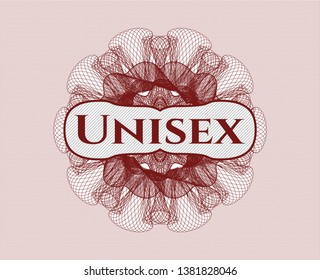 Red money style emblem or rosette with text Unisex inside