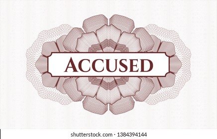 Red money style emblem or rosette with text Accused inside