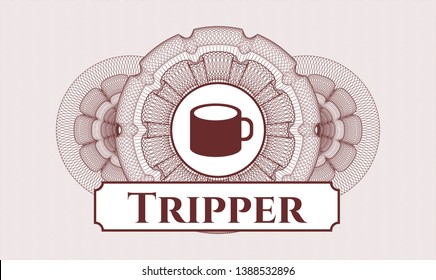 Red money style emblem or rosette with coffee cup icon and Tripper text inside